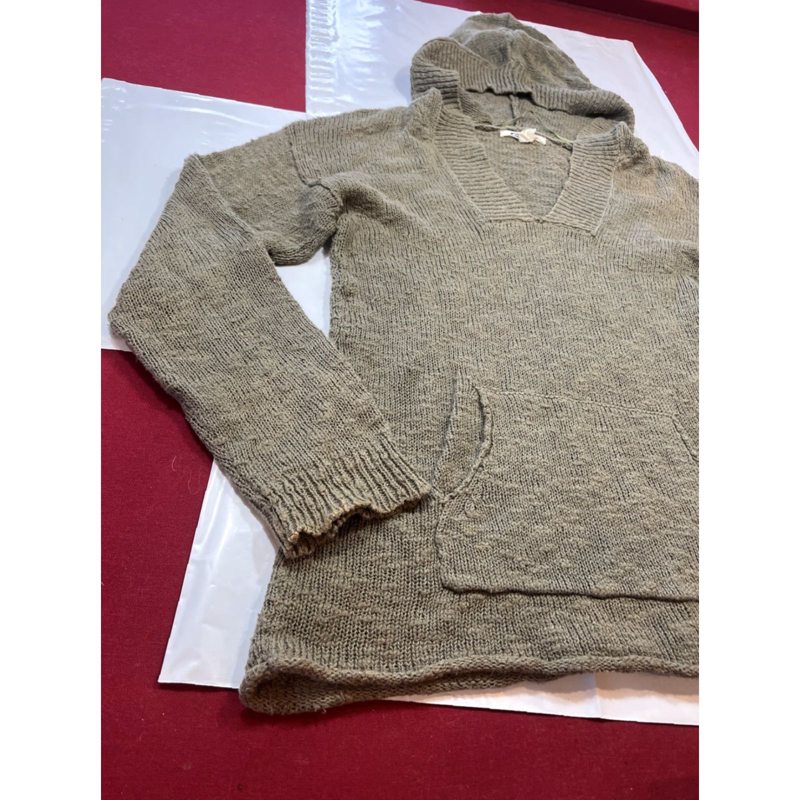 Vintage Roxy Army GREEN Hooded Sweater Knit V Neck front Pocket Slouchy Cotton Women XL Size XL / US 12-14 / IT 48-50 - 4 Thumbnail