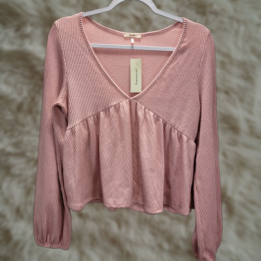 Vintage Mi Ami Blouse Long Sleeve Pink Ribbed Knit Peplum Hem V-Neck Sz L Womens Size L / US 10 / IT 46 - 1 Thumbnail