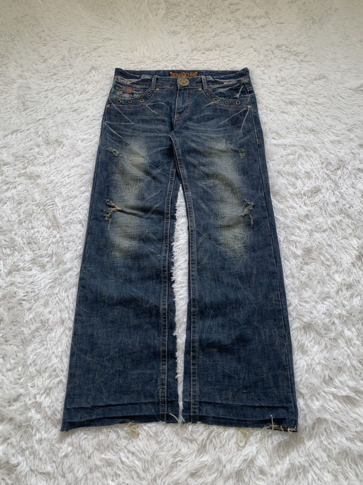 If Six Was Nine Vintage Biobera Barbwire Distress Flared Jeans Size US 34 / EU 50 - 1 Thumbnail
