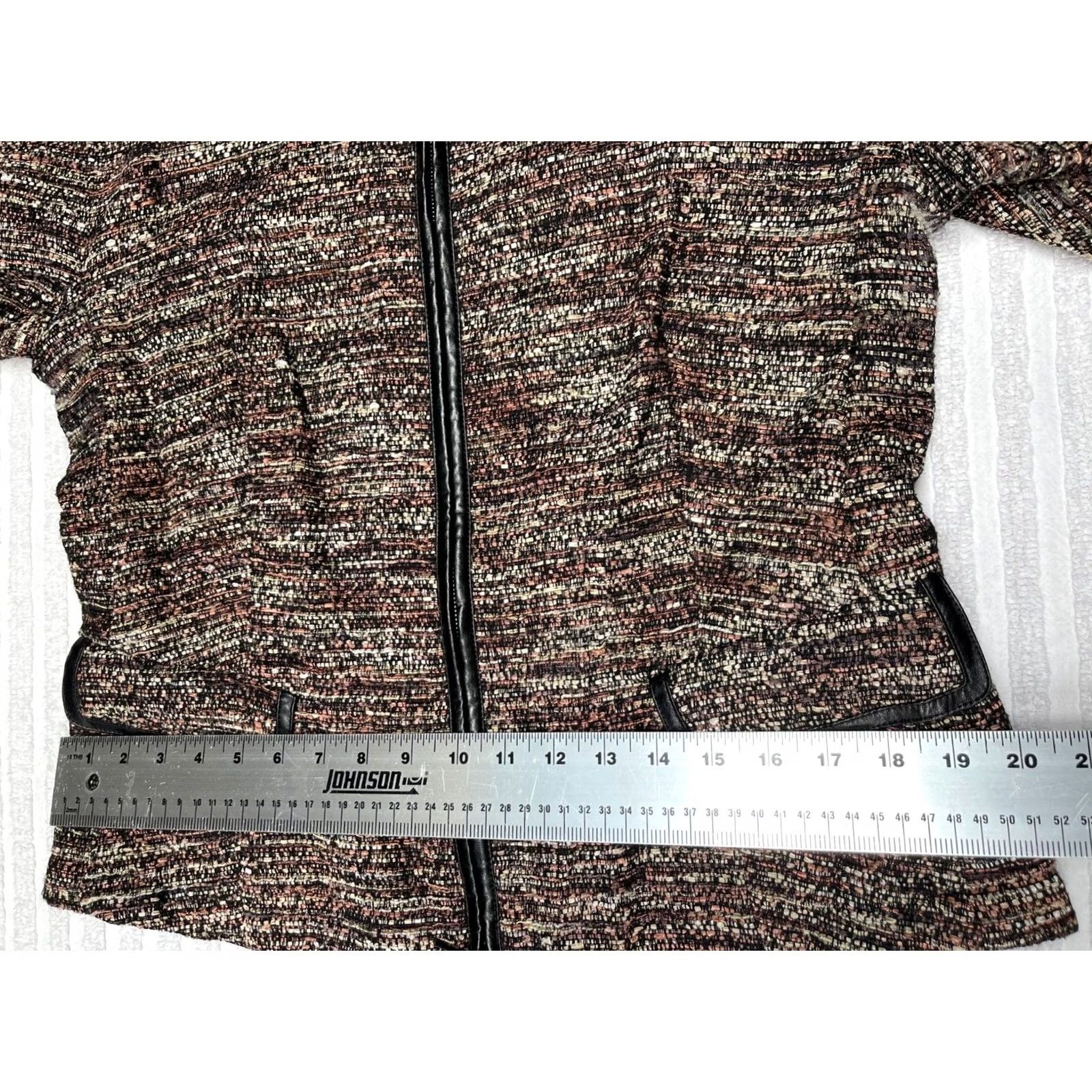 Vintage Lafayette 148 New York Zip Front Tweed Jacket Faux Leather Trim Brown Size 10 Size L / US 10 / IT 46 - 7 Thumbnail