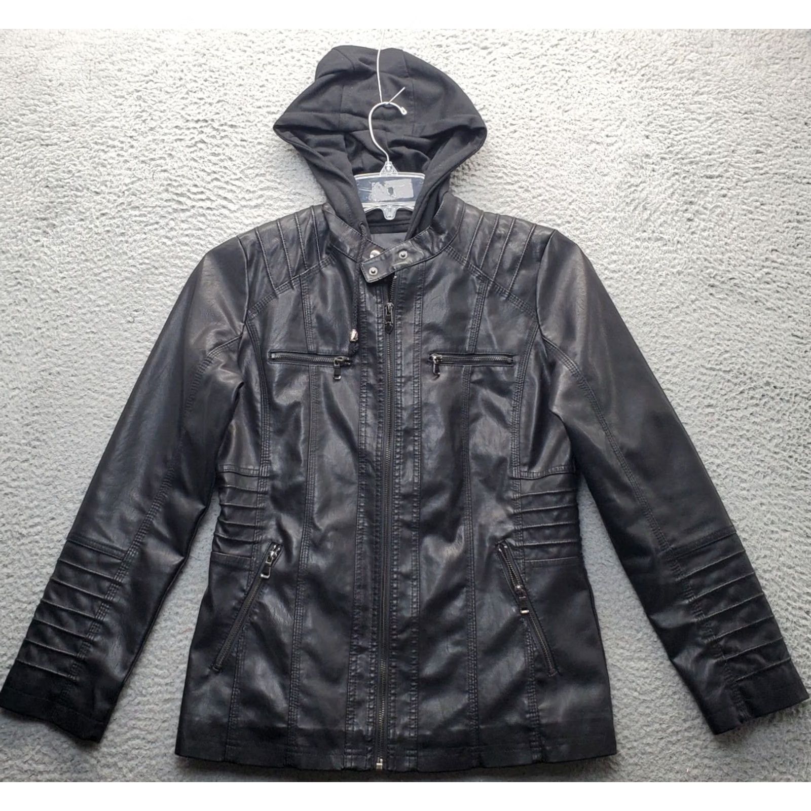 Vintage Springrain Womens Size M Black Hooded Full Zip Faux Leather Bomber Jacket, Pocket, Short Length, Zip, Casual Outerwear 90s Theme? Size M / US 6-8 / IT 42-44 - 2 Thumbnail
