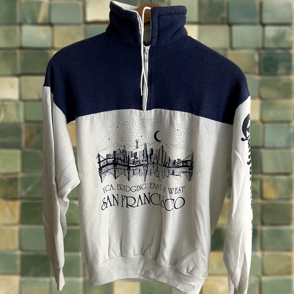 Nautica VINTAGE Milliken VTG Super 80s SanFran California Navy Nautical Sweatshirt Zip Large Skyline VCA Mens L Blue USA 80s Size US L / EU 52-54 / 3 - 1 Thumbnail