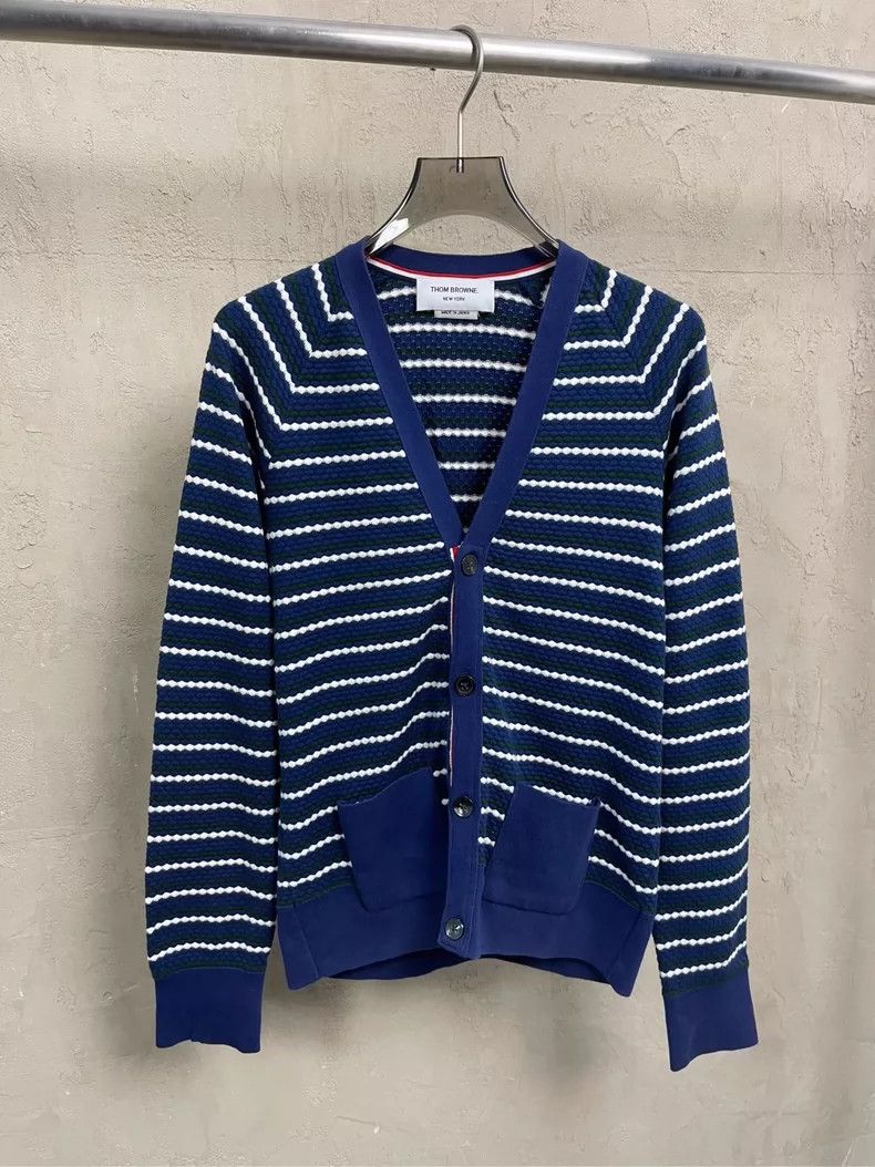 Thom browne Blue green and white striped knitted cardigan
