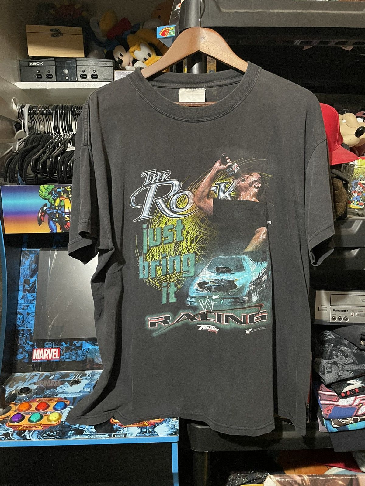 image of Vintage 2000’S Wwf Racing The Rock Just Bring It T Shirt in Black, Men's (Size XL)