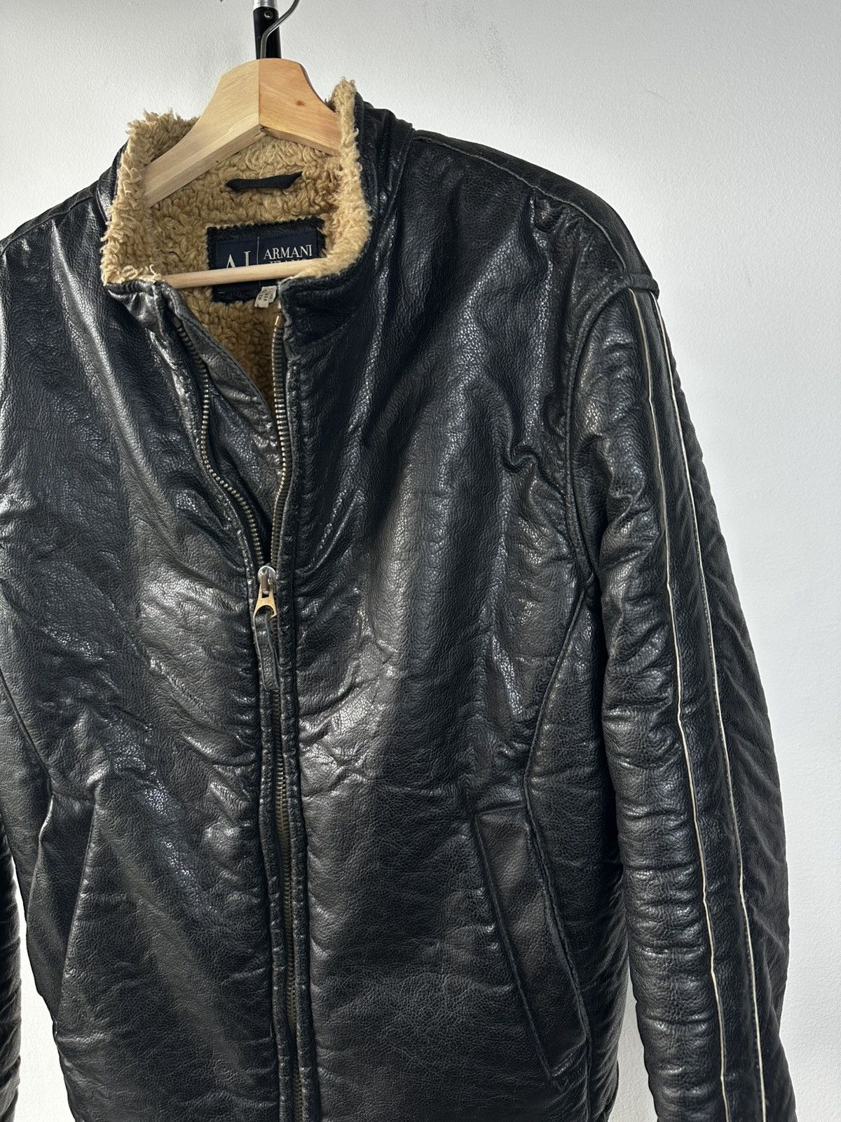 Emporio Armani Armani Jeans Faux Leather Shearling Bomber Jacket Black Fur Size US L / EU 52-54 / 3 - 4 Thumbnail