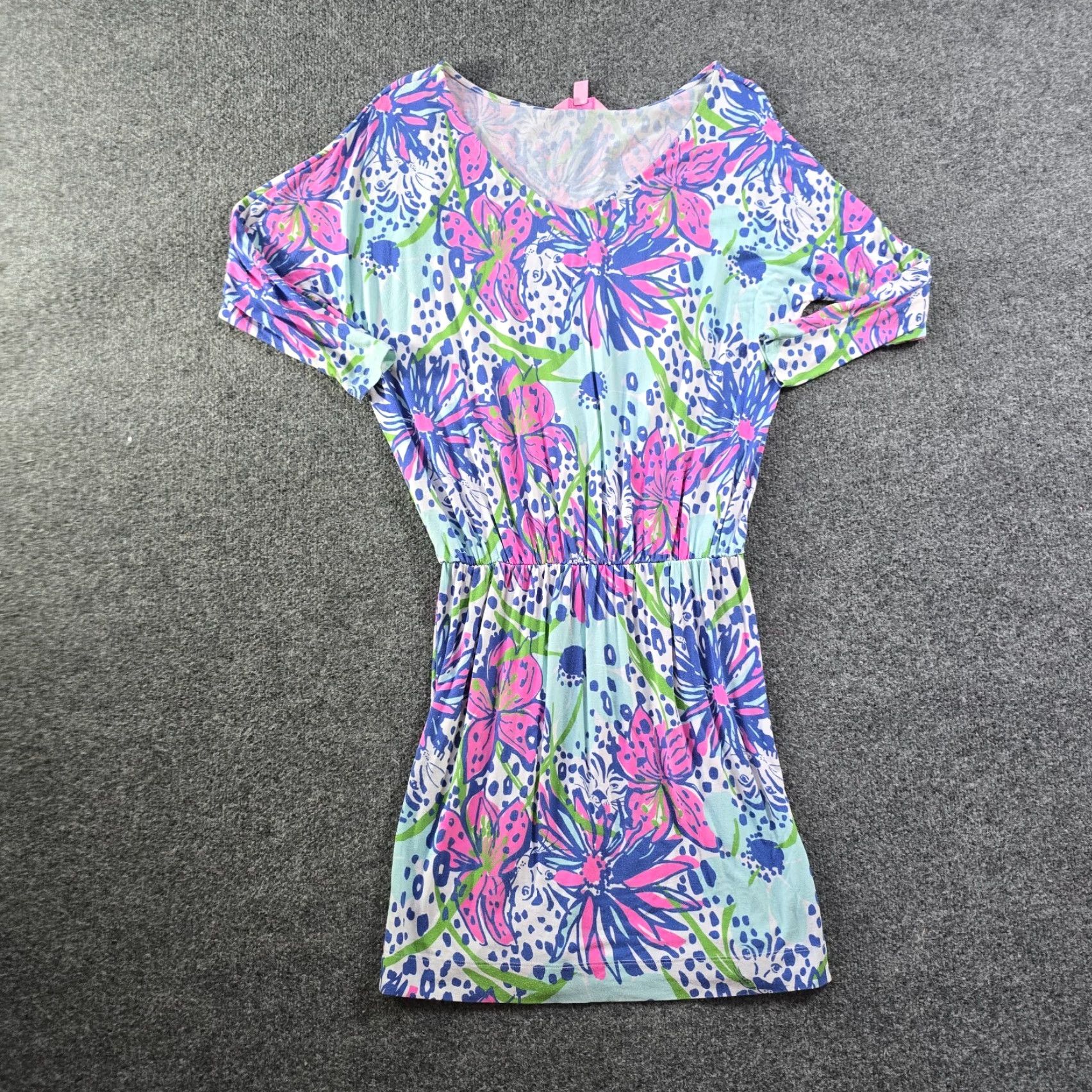 Lilly Pulitzer Lilly Pulitzer Dress Women XS Pink Blue Floral Leopard Cara Drop Waist Vine Knit Short Sleeve Dolman V-Neck Sheath Casual Summer Size XS / US 0-2 / IT 36-38 - 2 Thumbnail