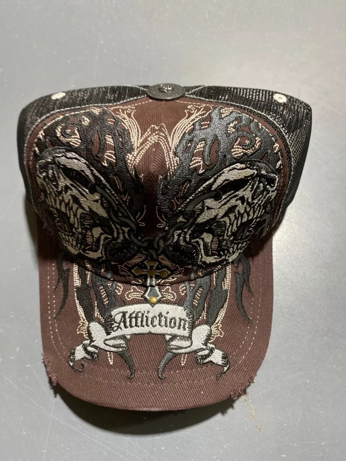 Other Affliction Vintage New Double Skull Brown Hat Adult Cap Size ONE SIZE - 1 Thumbnail
