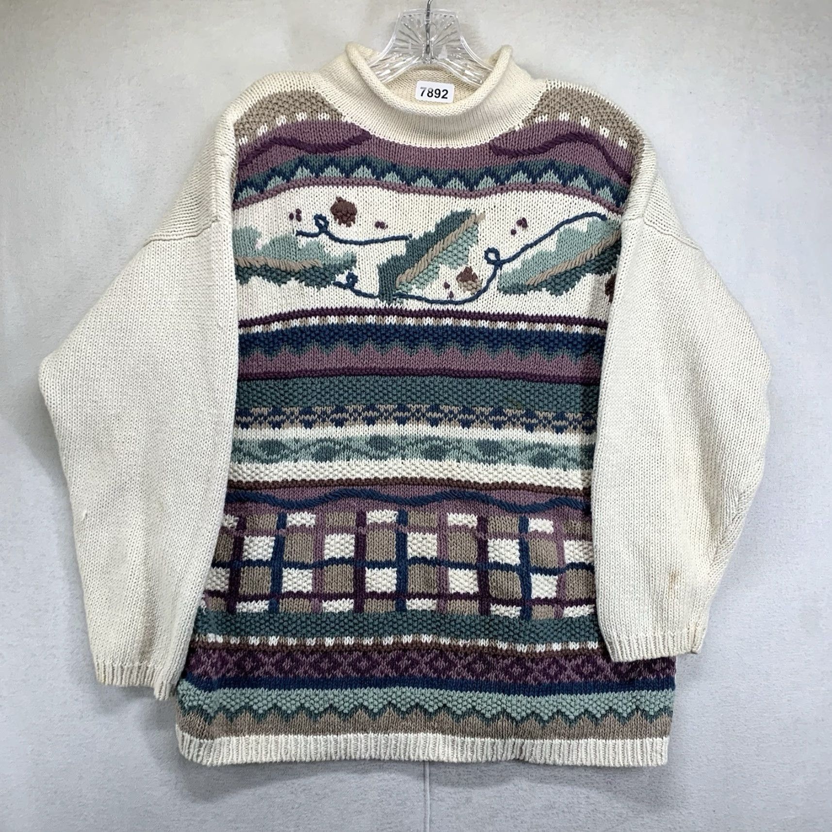 Vintage VINTAGE Women's Jumper Large Embroidered Detailed Front Mauve Light Sage Natural Size L / US 10 / IT 46 - 2 Thumbnail