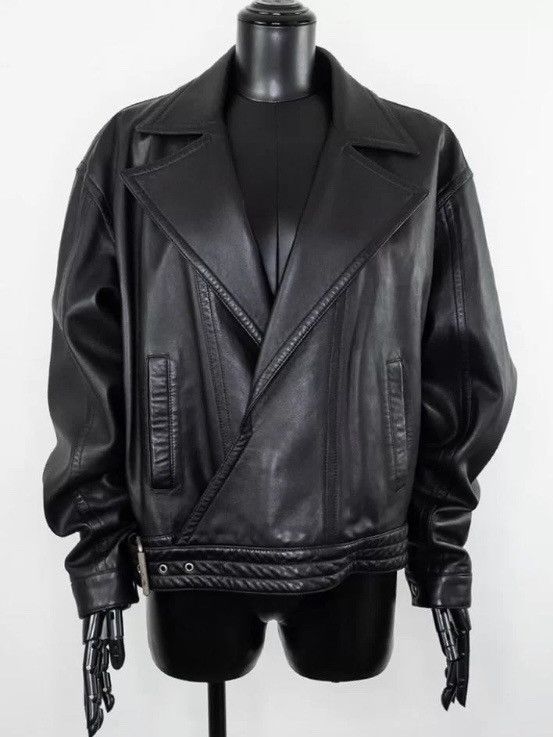image of Saint Laurent Paris Leather Biker Asymmetric Detail Jacket in Black, Men's (Size Small)