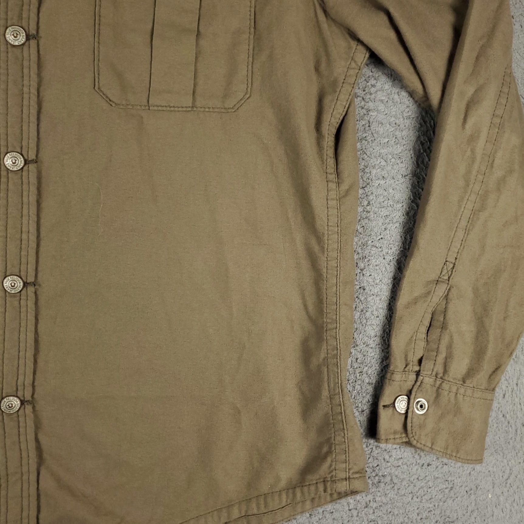 True Religion TRUE RELIGION Shirt Mens 3XL Brown Utility Button Up Long Sleeve Cotton Military Embroidered Pockets Size US XXL / EU 58 / 5 - 4 Thumbnail