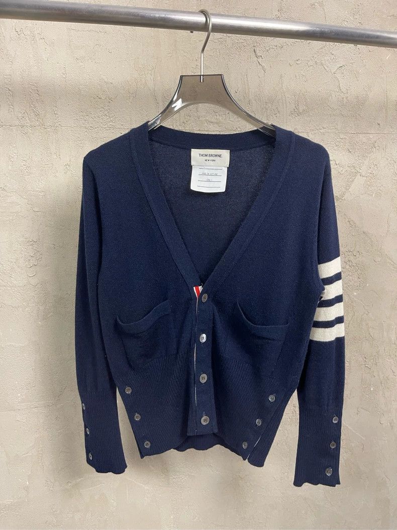 Thom Browne Dark blue four-striped wool cardigan jacket 250
