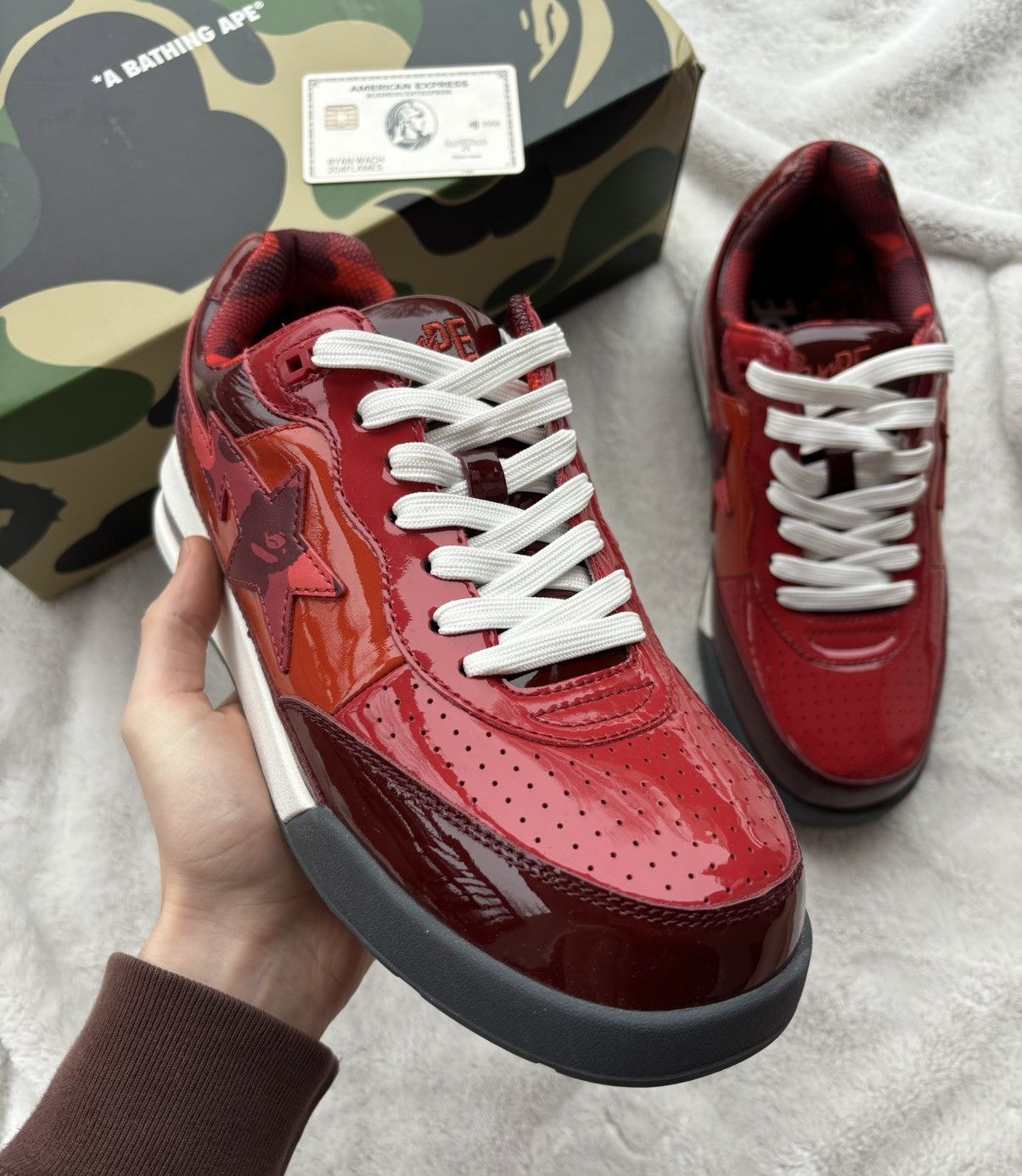Bape Bape Road Sta Red/Camo Patent Leather Sneakers Size US 13 / EU 46 - 4 Thumbnail