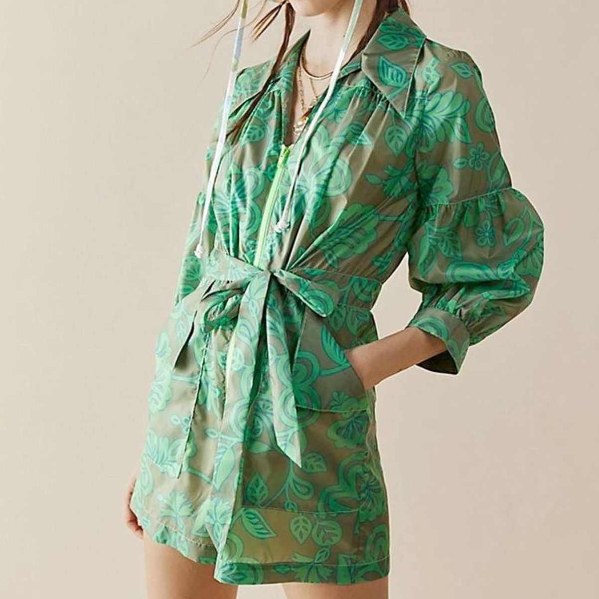image of Free People $538 Anna Sui Tropical Havana Romper Pockets Green Size 2, Women's