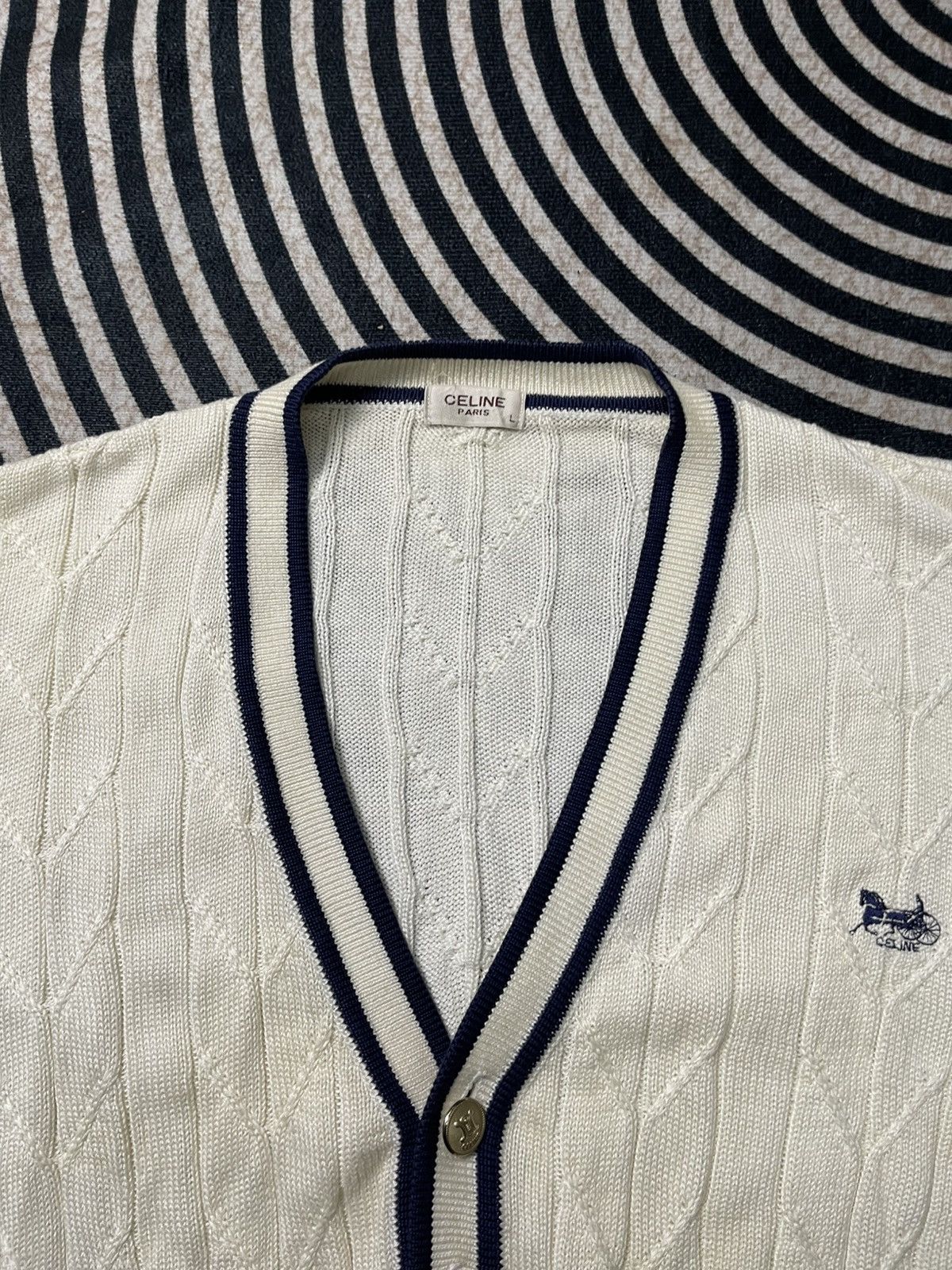 Celine 90s CELINE SULKY CARRIAGE EMBROIDERED GOLD BUTTON CARDIGAN Size US L / EU 52-54 / 3 - 11 Thumbnail