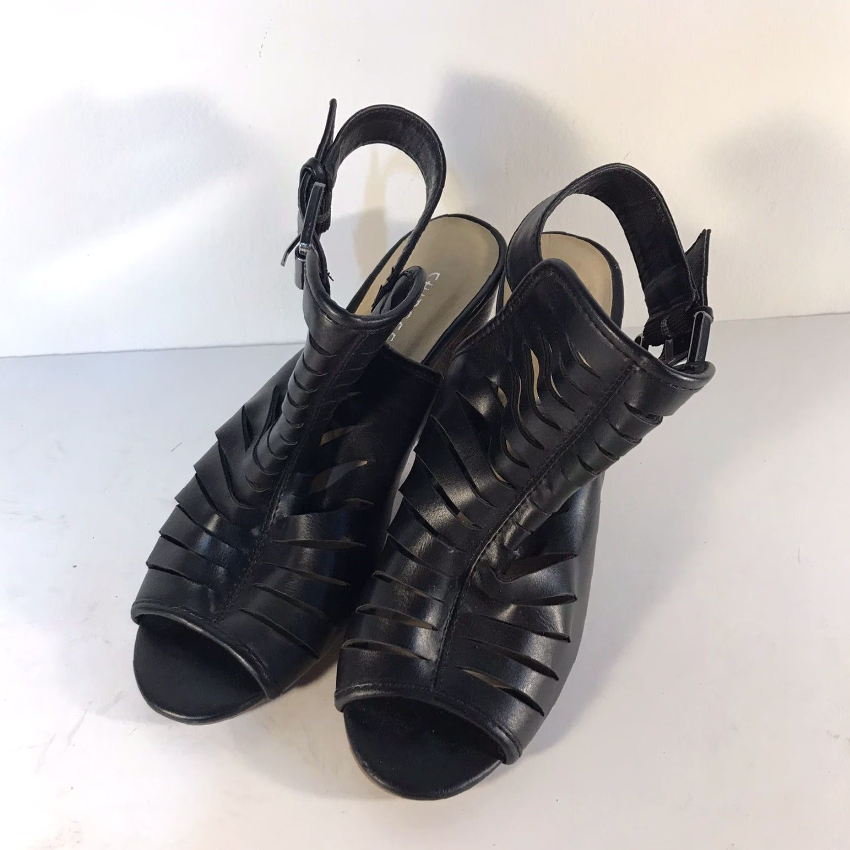 Chinese Laundry Chinese Laundry Gladiator Sandals Women's 7.5 Black Faux Leather Peep Toe 3.5in High Heel Block Buckle Straps Dressy Size US 4 / IT 34 - 2 Thumbnail