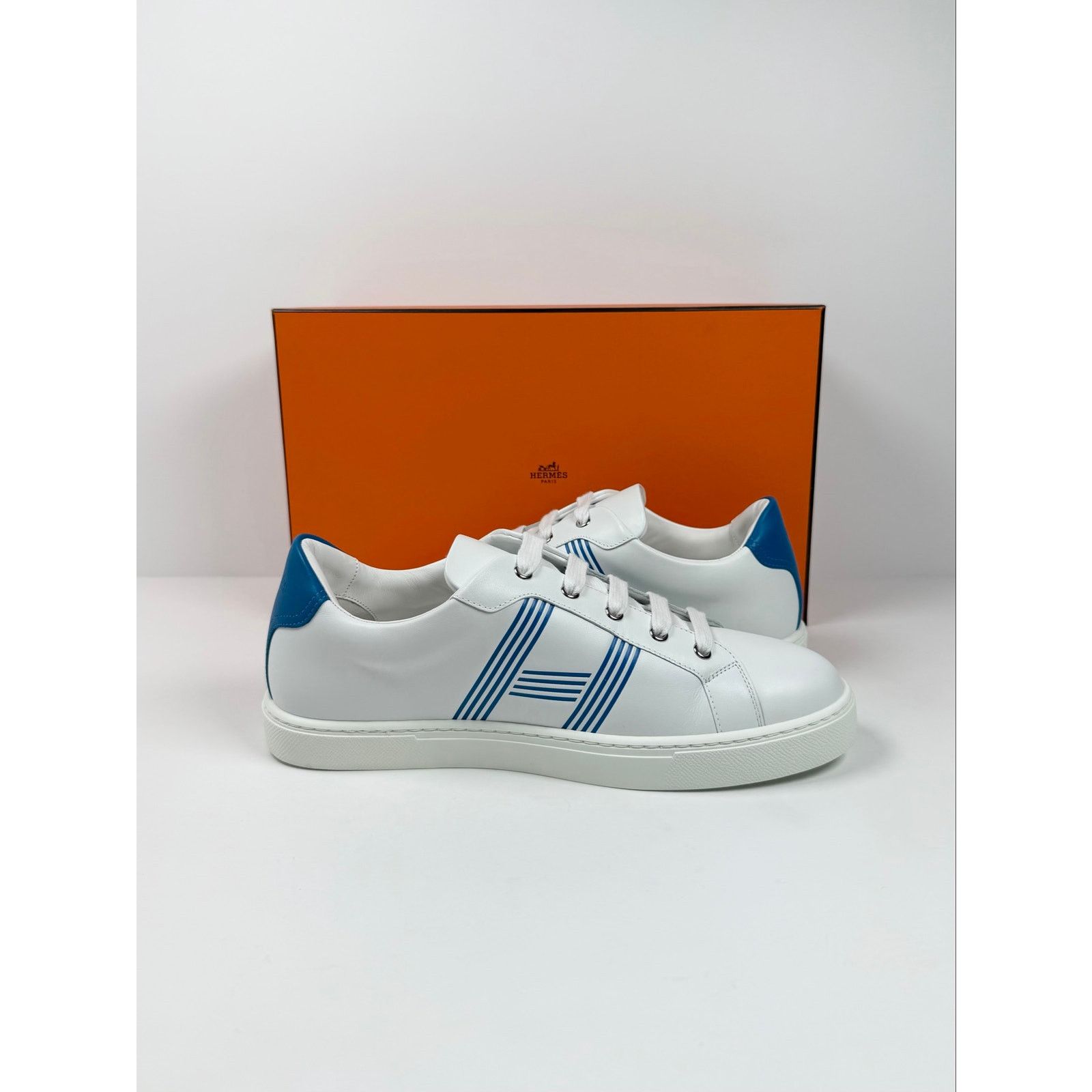 Hermes Size 8.5 - Hermes Advantage White Blue Leather Sneakers NEW Size US 8.5 / EU 41-42 - 6 Thumbnail
