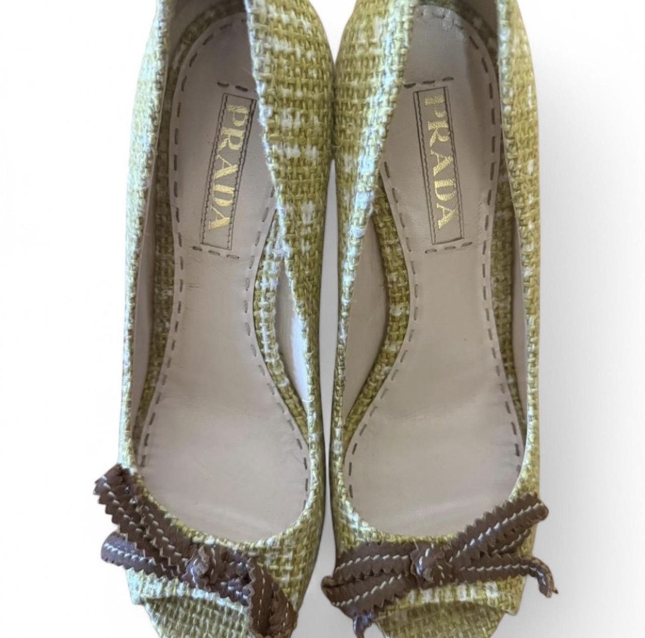 Prada women's chartreuse/white tweed open toe wedge