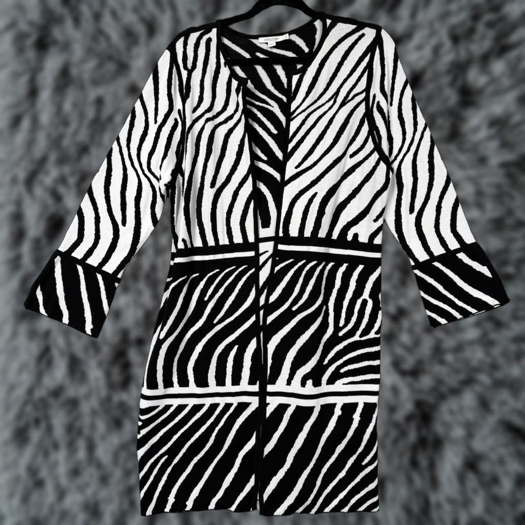 Vintage Chico's Cardigan Sweater Womens L Black White Zebra Print Open Front Casual / Party Womens Mens Girls Boys Size L / US 10 / IT 46 - 1 Thumbnail