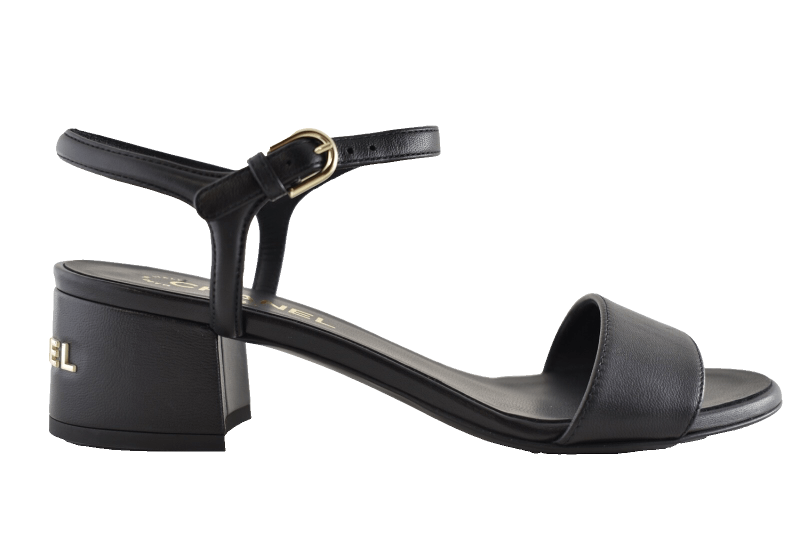 Chanel 24C Leather Logo Ankle Strap Block Heel Shoes Sandal 38 in Black, Women's