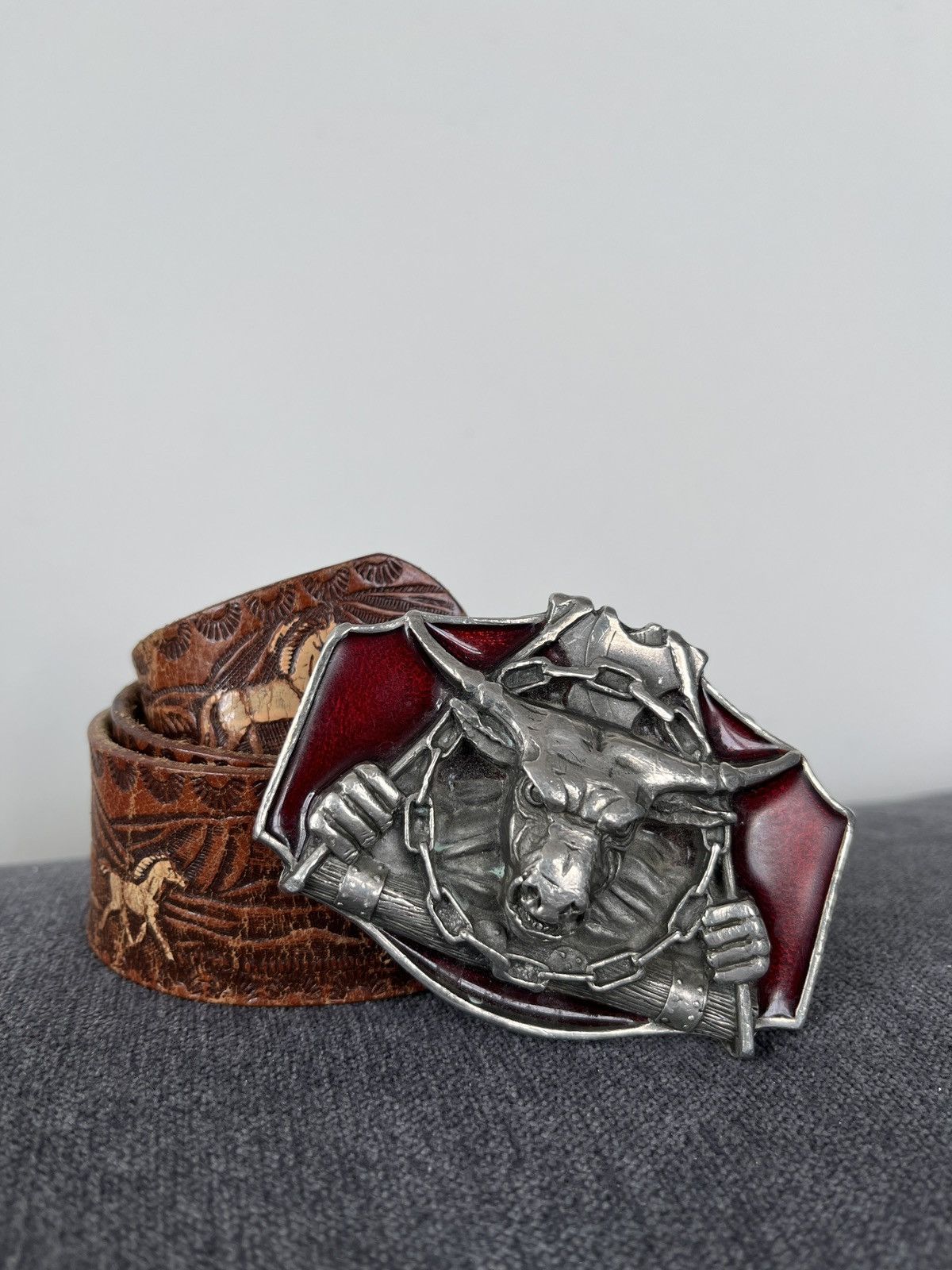 Cowboy Equipment × Vintage 1990 Transide Dragon Designs Minotaur Buckle Leather Belt Size ONE SIZE - 2 Thumbnail
