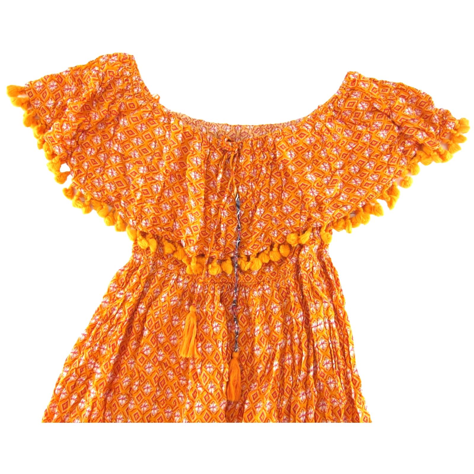 Vintage Dress Day Maxi Dress Off Shoulder Orange White Floral Rayon Long Large Dress Day Womens Maxi Dress L Orange Floral Pattern 70s? Size L / US 10 / IT 46 - 4 Thumbnail