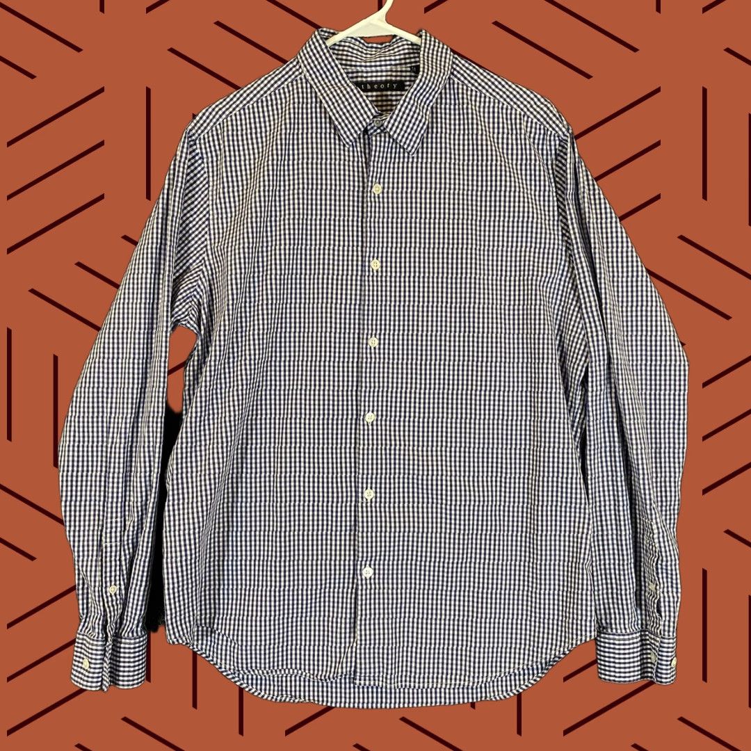 Theory Theory Shirt Mens XL White Blue Button Up Long Sleeve Dress Casual Plaid Check Size US XL / EU 56 / 4 - 1 Thumbnail