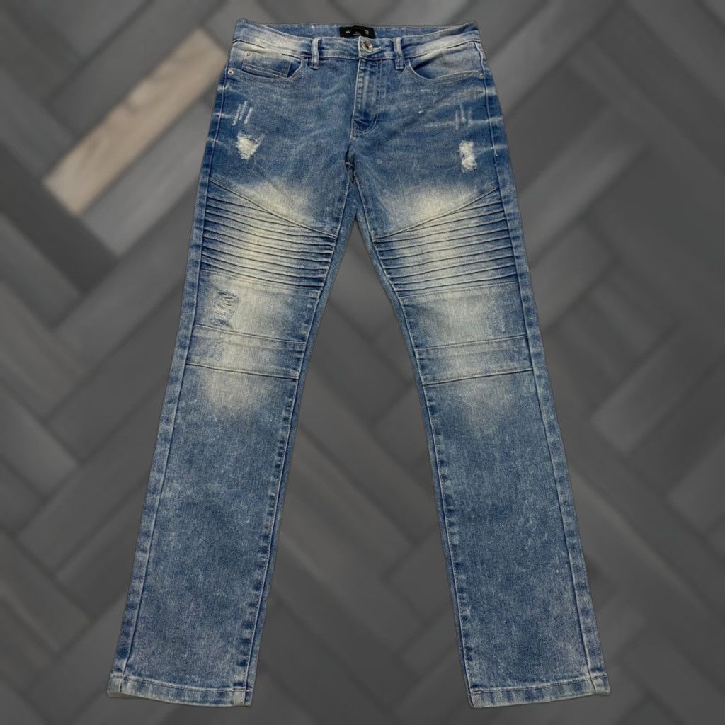 Vintage WT02 Moto Biker Jeans Men's 30x30 Blue Slim Stretch Distressed Denim Button Zipper Pockets 5-Pocket Men Jeans Size US 30 / EU 46 - 1 Thumbnail