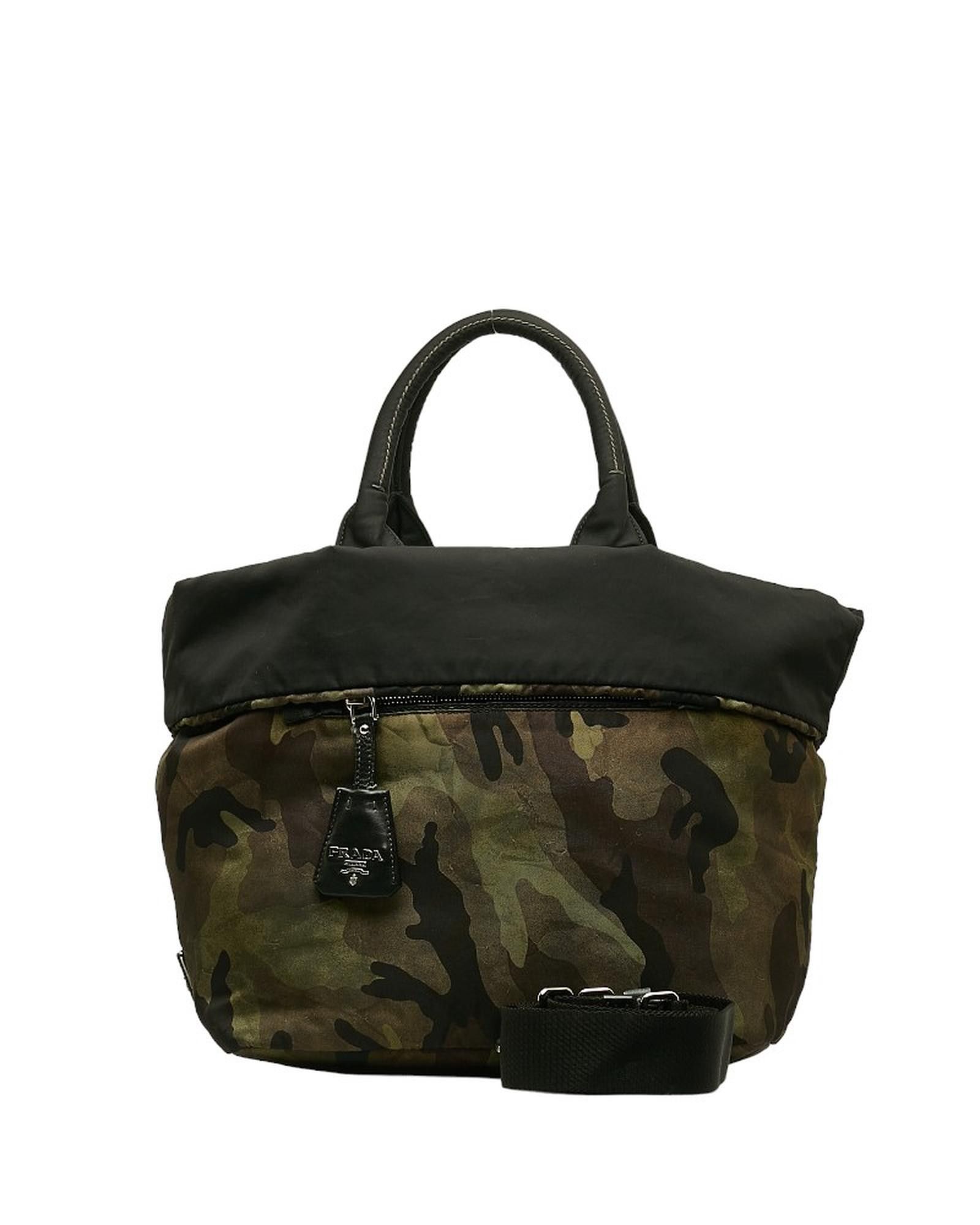 image of Prada Reversible Camouflage Tote Bag In Bronze, Women's