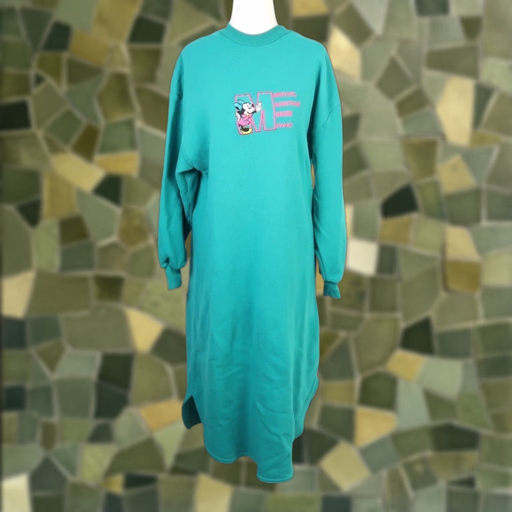 VINTAGE Mickey Unlimited Minnie Mouse Sweatshirt Dress Teal Green Long Sleeve M Womens 90s