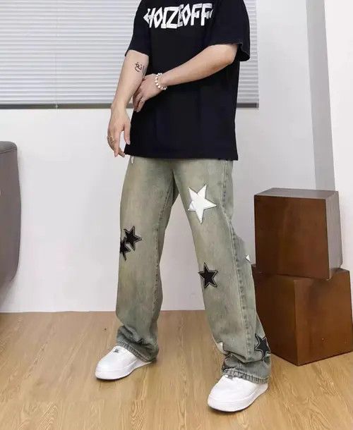 Jean Street Star Embroidered Drape Distressed Jeans Size US 30 / EU 46 - 3 Thumbnail