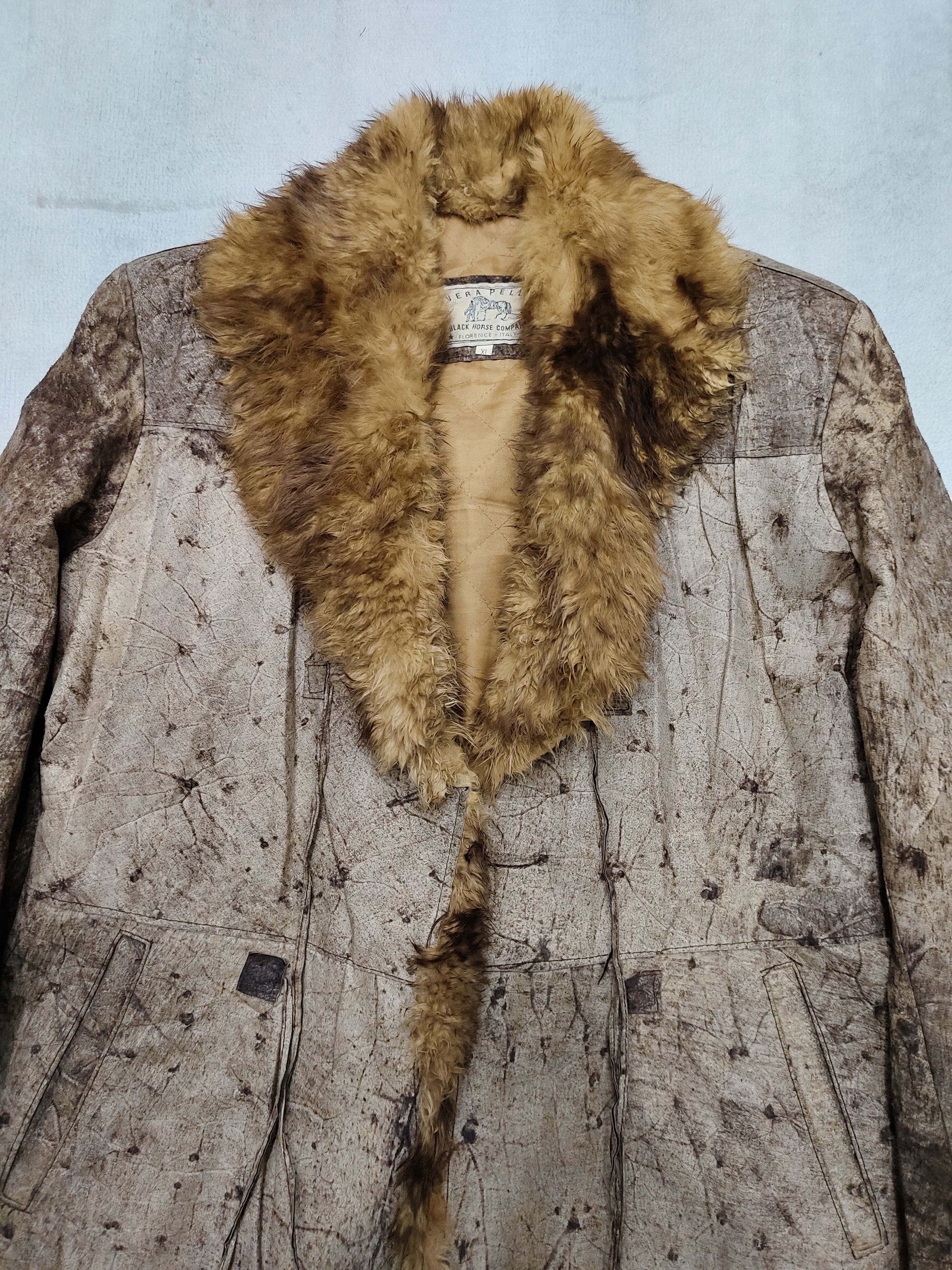 Vera Pelle 90s Black Horse🇮🇹 Heavy Distressed Leather Fur Collar Size XL / US 12-14 / IT 48-50 - 5 Thumbnail