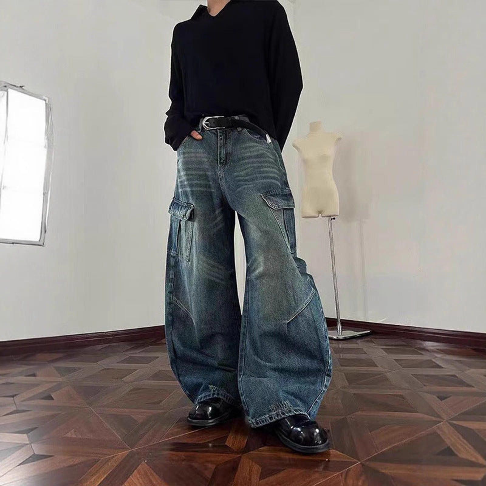Jean Wide Leg Cargo Denim Jeans, Baggy Washed Barrel Jeans Size US 32 / EU 48 - 2 Thumbnail