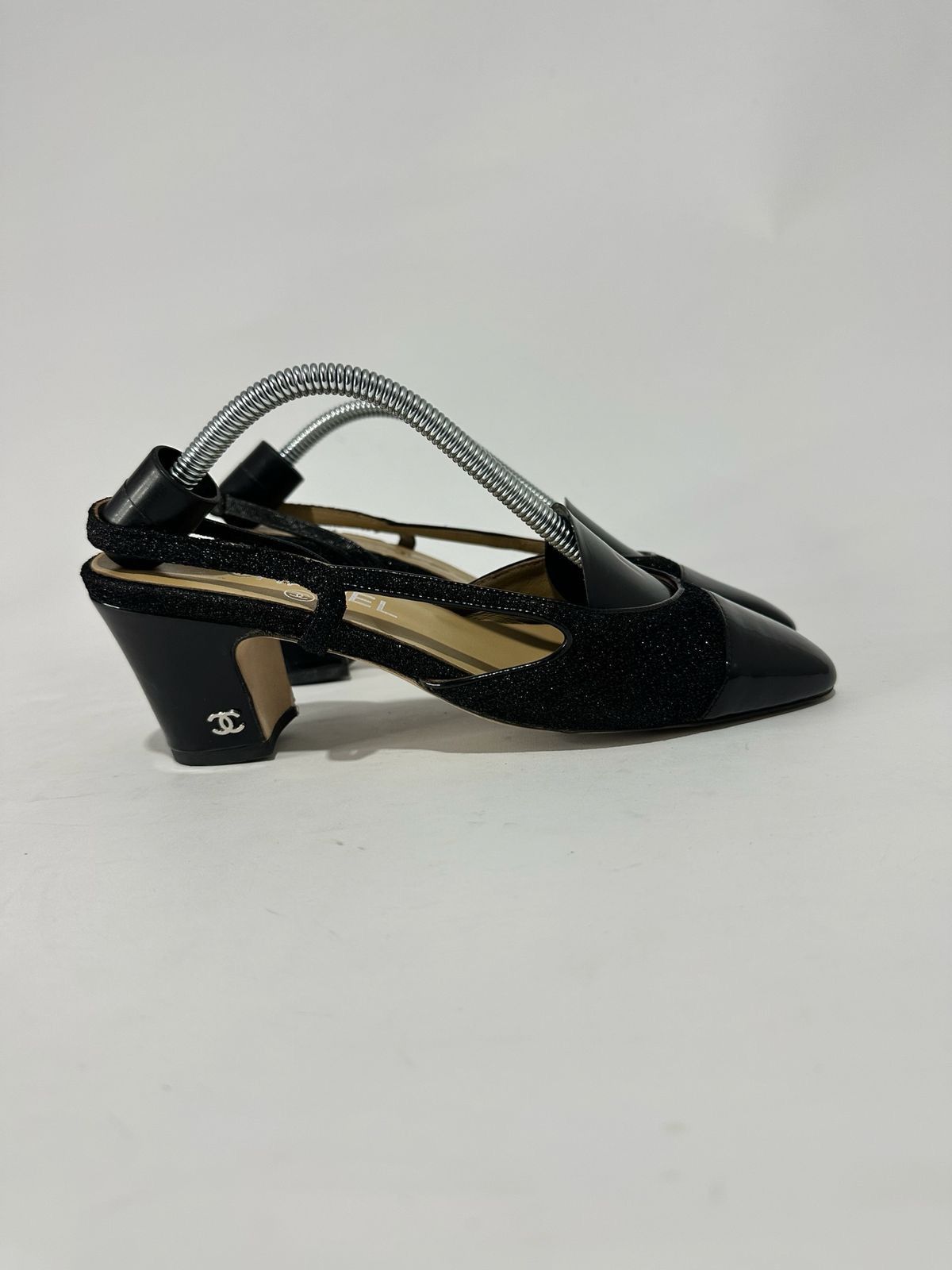 Chanel Chanel Black Glitter Fabric Leather Cap Toe Block Heel EU37 Size US 7 / IT 37 - 3 Thumbnail