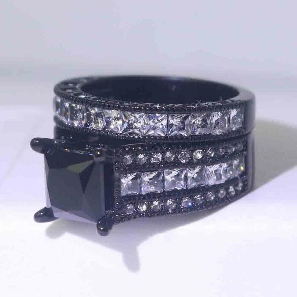 Designer 2Pcs 925 Silver Black Zircon Engagement Ring Set - Size 5 Size ONE SIZE - 8 Thumbnail