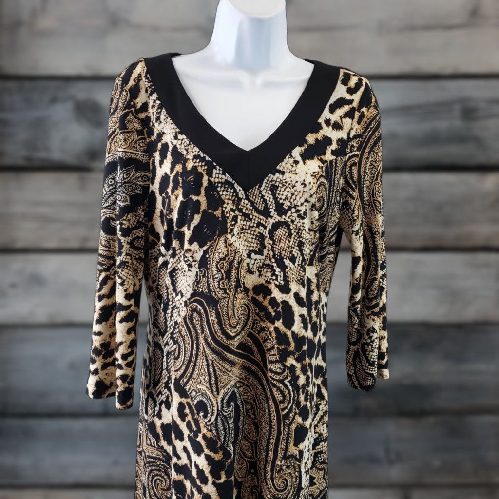 Vintage Chico's Womens Dress SZ Small Black Animal Print 3/4 Sleeve V-Neck Knee Length Shift Polyester Blend N/A Size S / US 4 / IT 40 - 1 Thumbnail