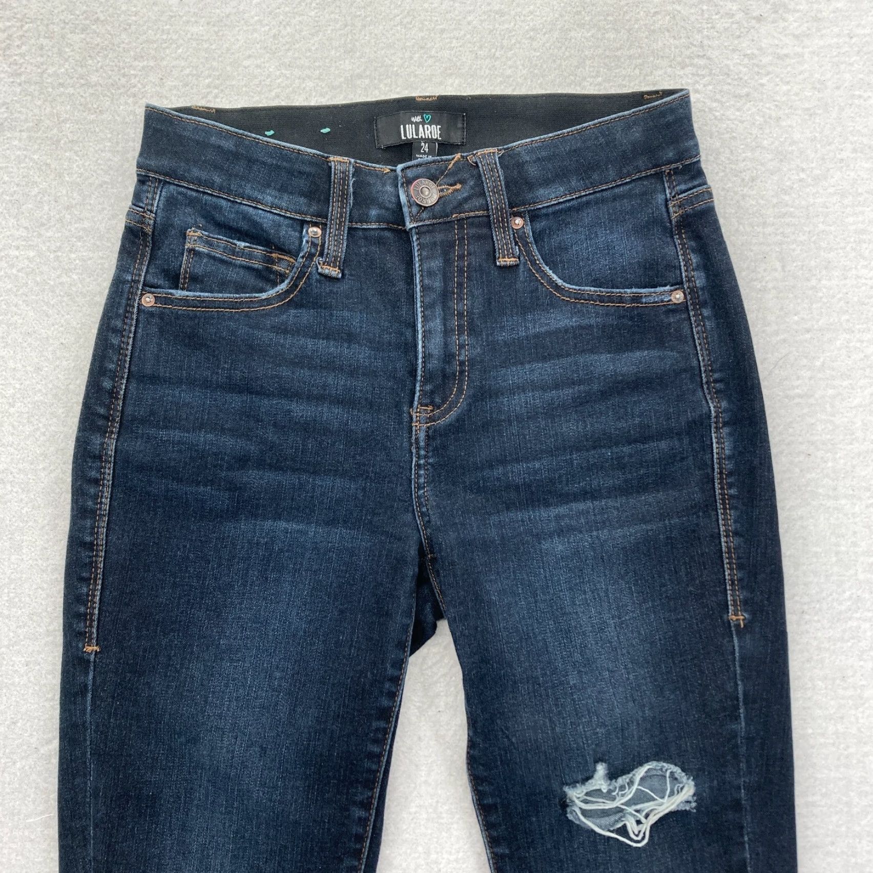Vintage LuLaRoe With Love Jeans Women's 24 Skinny Dark Blue Stretch Denim Distressed Size 42" / US 20 - 2 Thumbnail