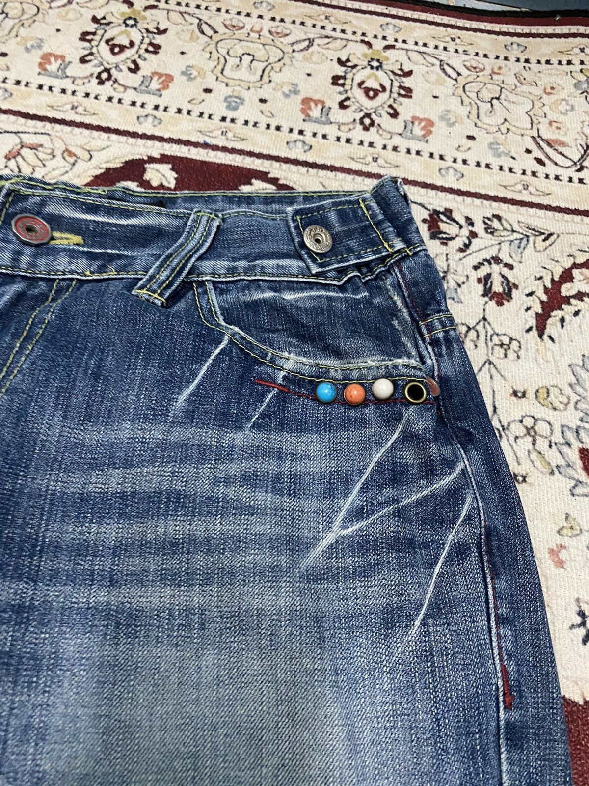 Japanese Brand X Red pepper distressed flare jeans