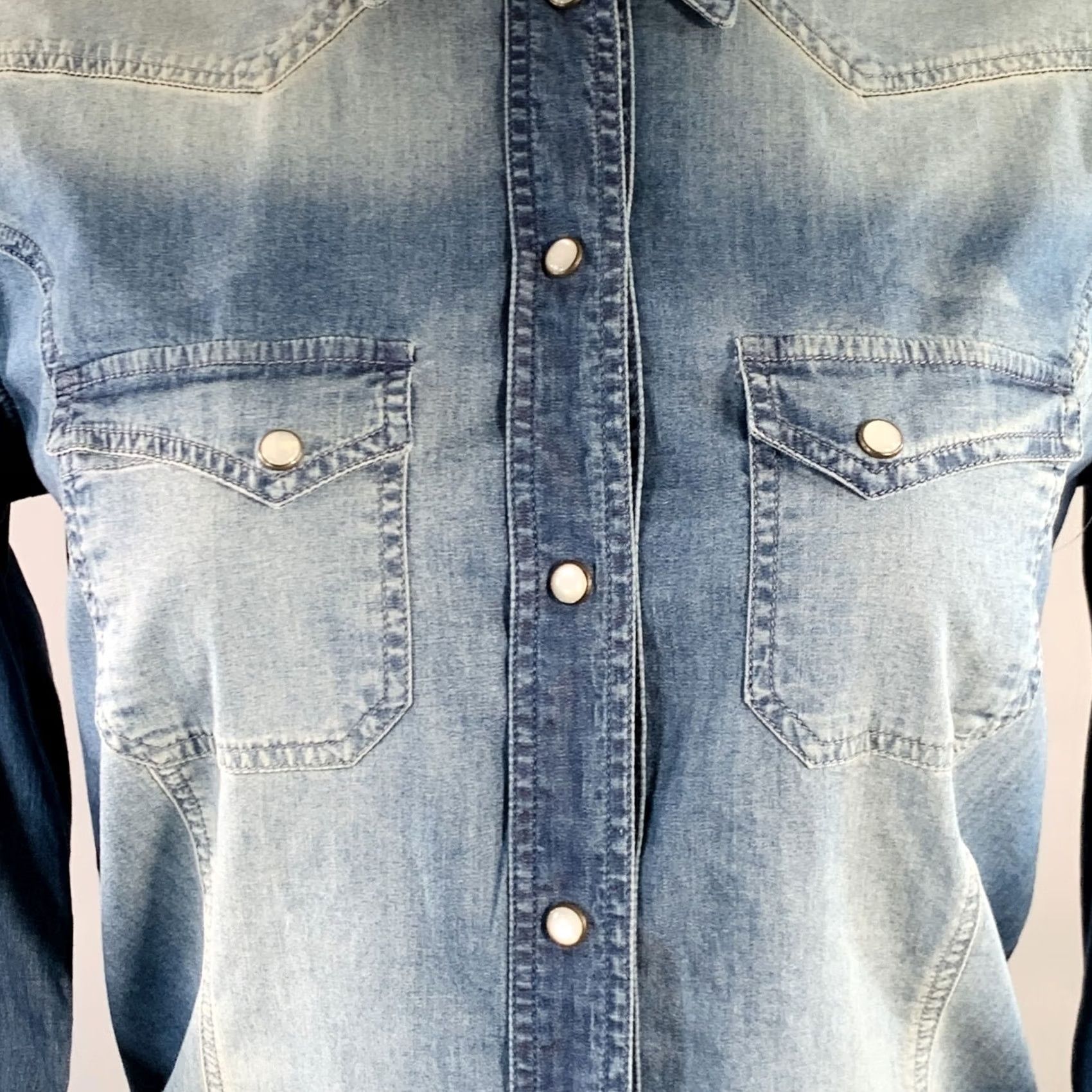 Dolce & Gabbana DOLCE & GABBANA Shirt Blue Washed Chambray Western 4 Female Adult Color: Blue Material: Cotton / Elastane Size S / US 4 / IT 40 - 2 Thumbnail
