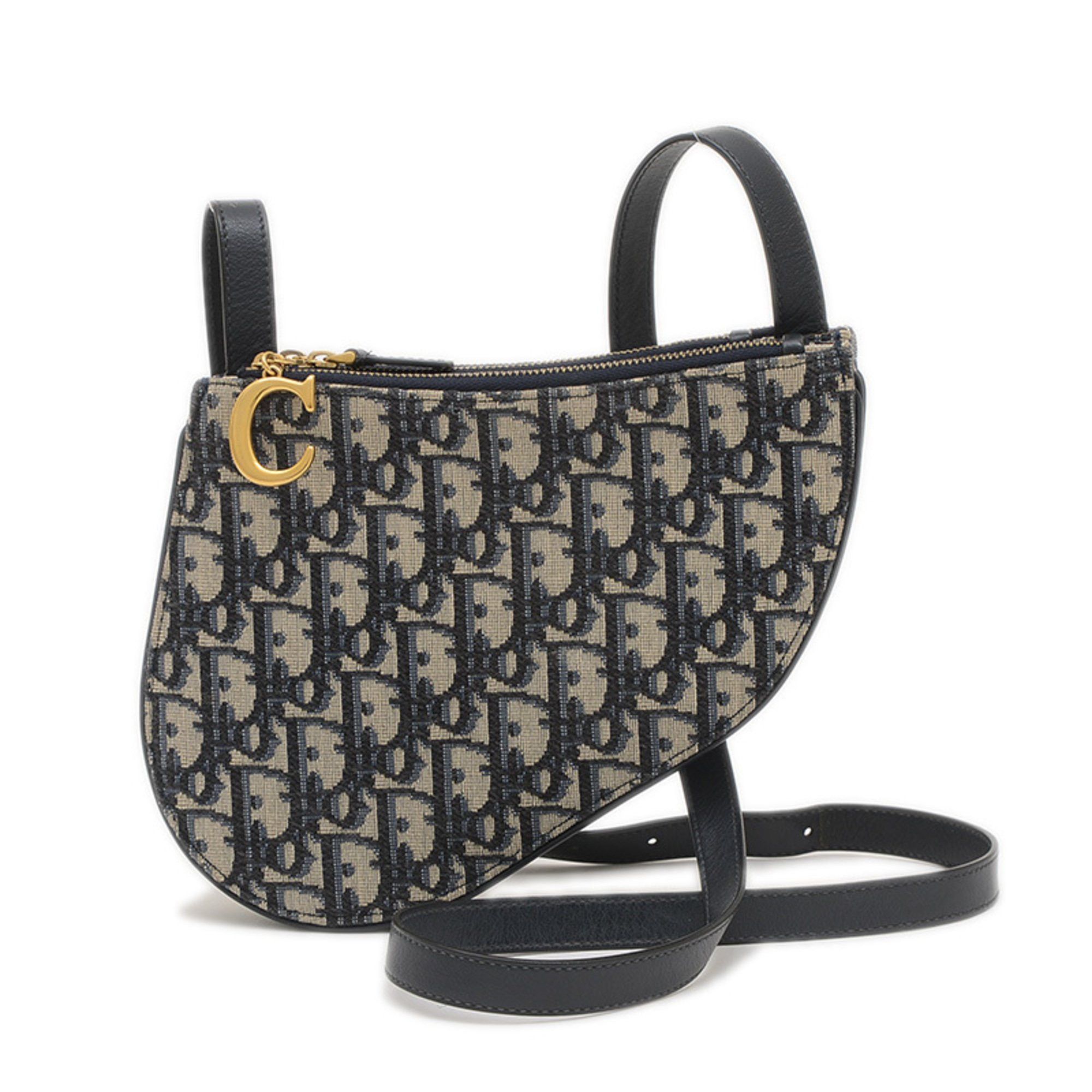 Christian Dior Dior Oblique Saddle Shoulder Bag Jacquard Navy in Beige, Women's