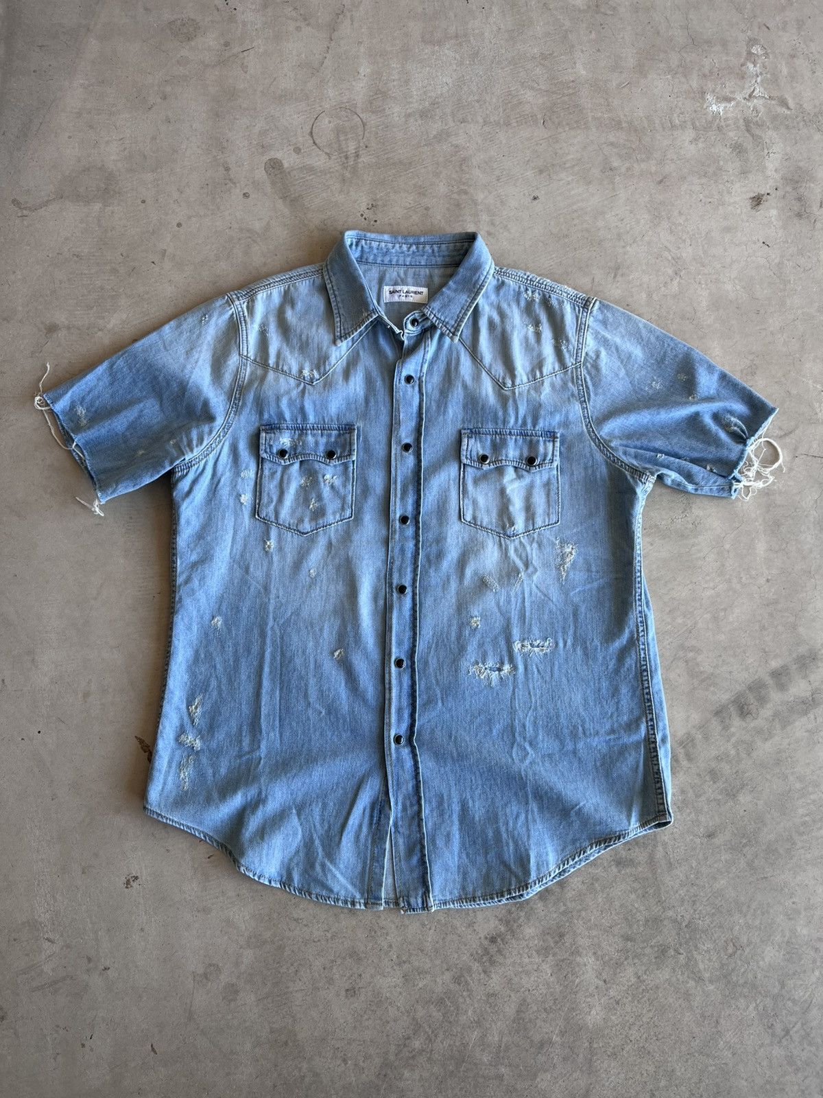Saint Laurent Paris DISTRESSED DENIM WESTERN COWBOY SHIRT SNAP BUTTON L Size US L / EU 52-54 / 3 - 1 Thumbnail