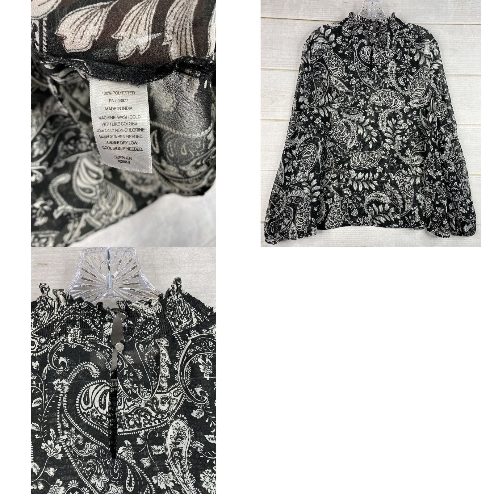 Vintage a.n.a Blouse Top Womens XL Black White Mock Neck Long Sleeve Sheer Geometric Chambray Polyester Button Pullover Casual Occasion Size XL / US 12-14 / IT 48-50 - 8 Thumbnail
