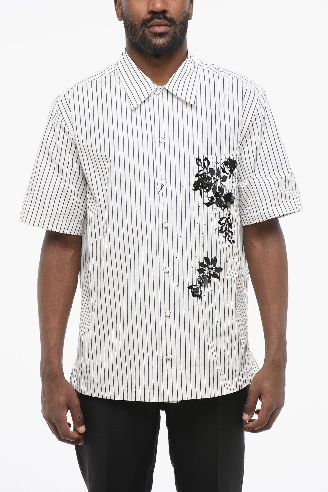 Dolce & Gabbana og1mm0825 Striped Bowling Shirt in White/Black Size US M / EU 48-50 / 2 - 1 Thumbnail