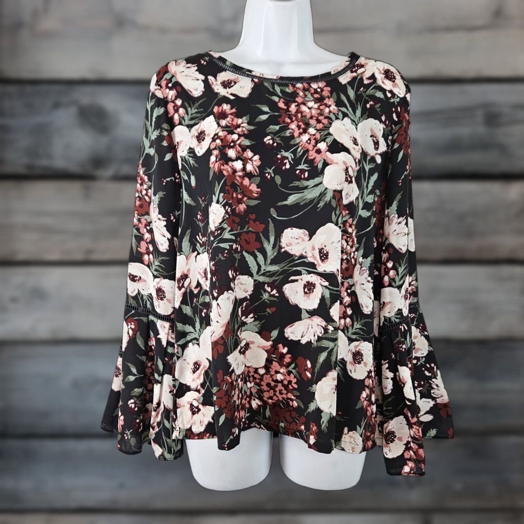 Loft VINTAGE Ann Taylor LOFT Womens Top Sz Small Green Pink Floral Bell Sleeves Size S / US 4 / IT 40 - 1 Thumbnail