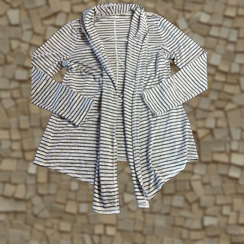 Vintage Chico's Sweater Cardigan, Women Size 4 Regular, Gray Black Striped Open Long Sleeve, Casual, Fall Spring Summer, Womens Size S / US 4 / IT 40 - 1 Thumbnail