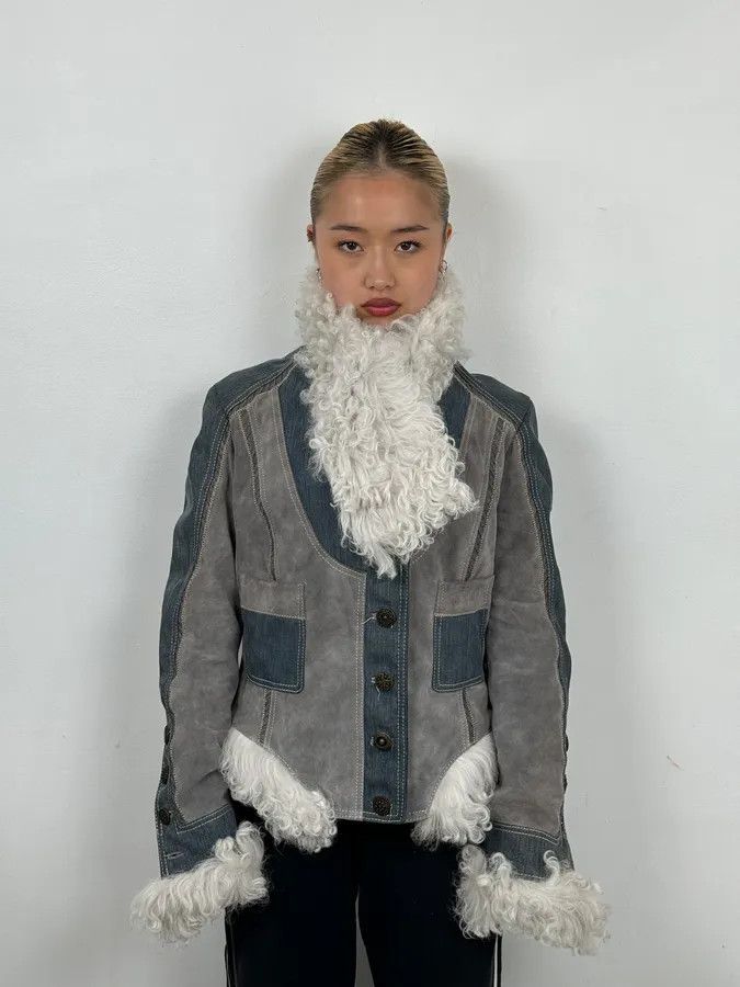 Roberto Cavalli AW2005 Cavalli Mongolian Fur Grey Leather & Blue Denim Jacket Size M / US 6-8 / IT 42-44 - 4 Thumbnail