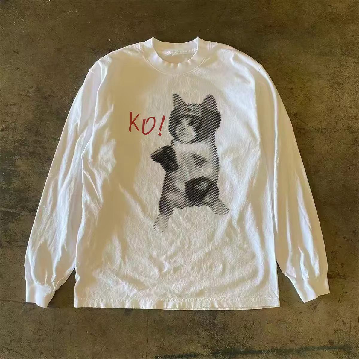 Vintage White retro boxing cat print long-sleeved t-shirt Size US M / EU 48-50 / 2 - 1 Thumbnail