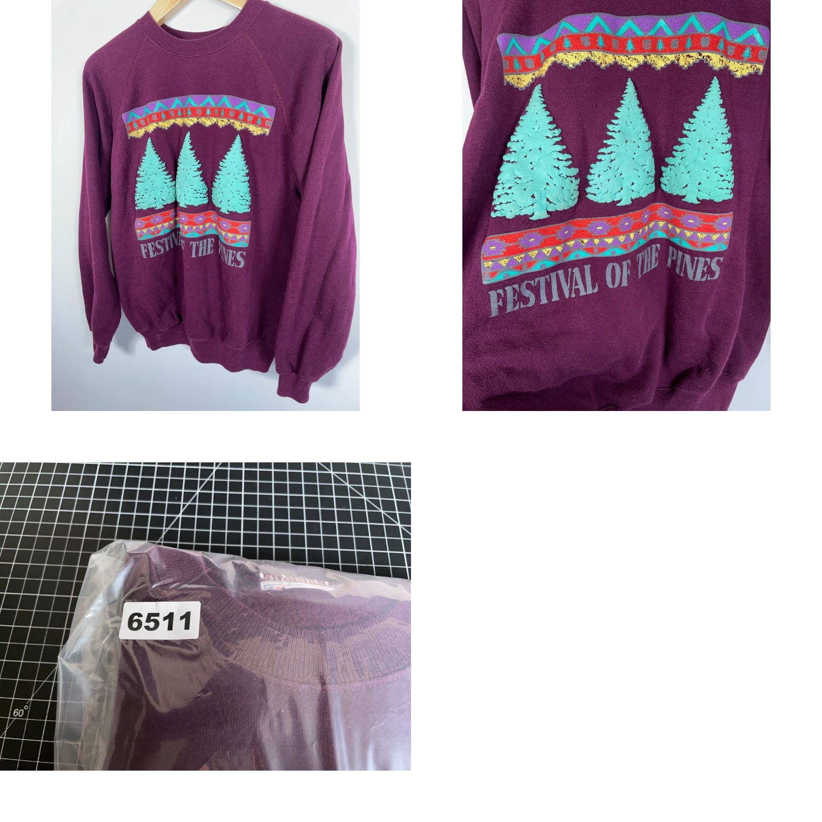 Hanes VINTAGE Hanes Sweatshirt 90s Michigan Festival of Pines Adult Medium Purple Cotton-Polyester Crew Neck Pullover Graphic Print Raglan Sleeve Men Mens Size US M / EU 48-50 / 2 - 8 Thumbnail
