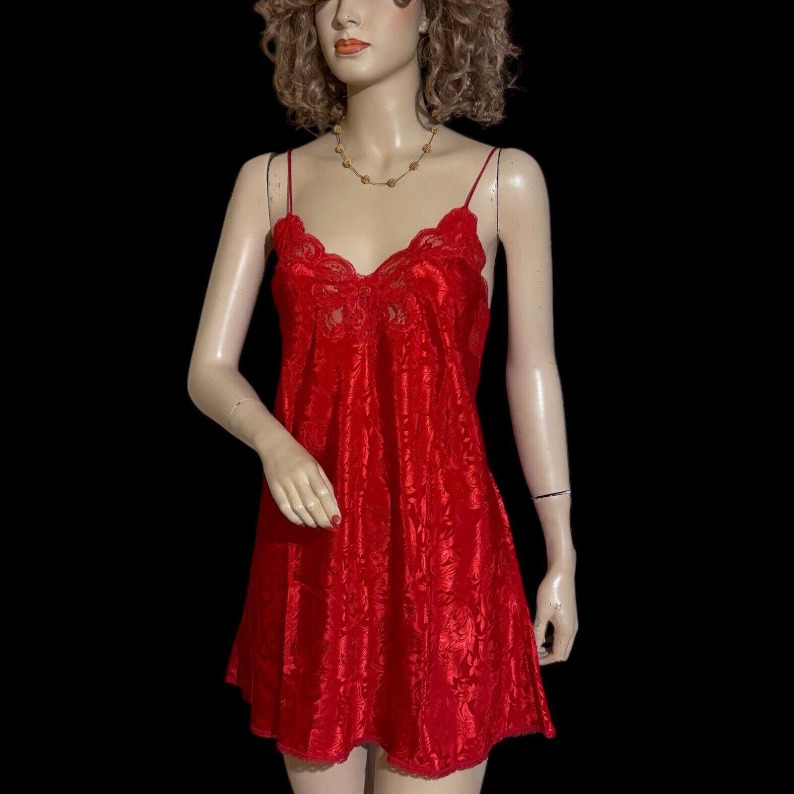 Designer Vtg Holiday Red Satin Lace Lucie Ann II Chemise Nightgown M Size ONE SIZE - 2 Thumbnail