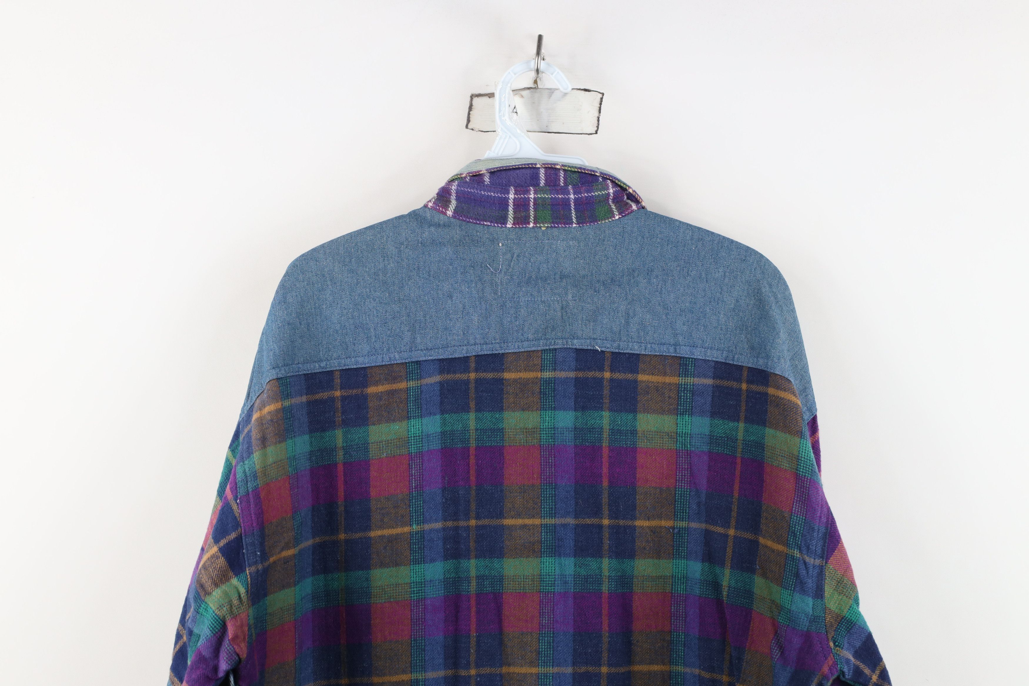 Vintage Vintage 90s Streetwear Denim Trim Flannel Button Shirt Plaid Size L / US 10 / IT 46 - 13 Thumbnail