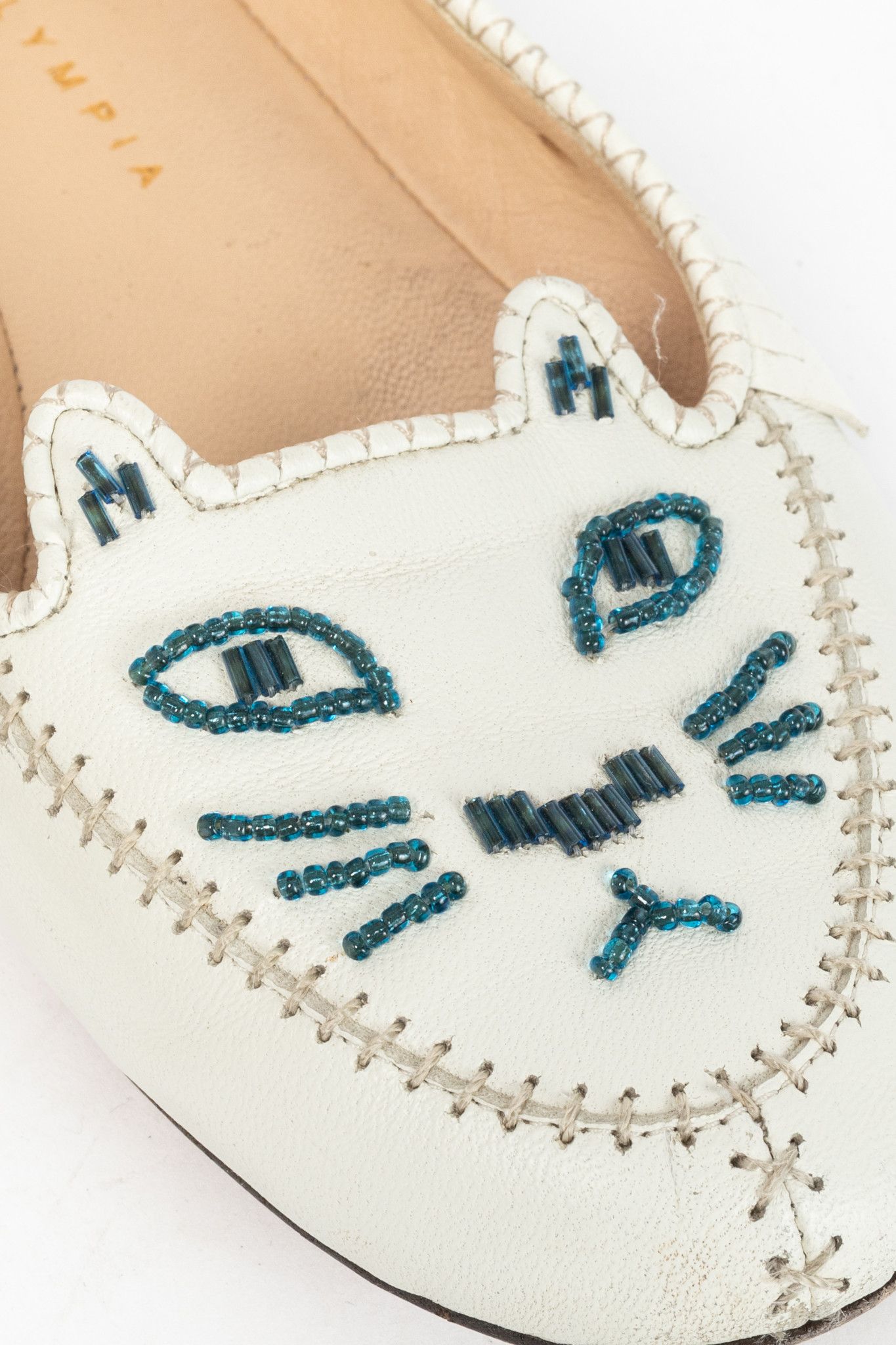 Charlotte Olympia Charlotte Olympia Kitty White Leather Beaded Fringe Flats Size US 7 / IT 37 - 8 Thumbnail